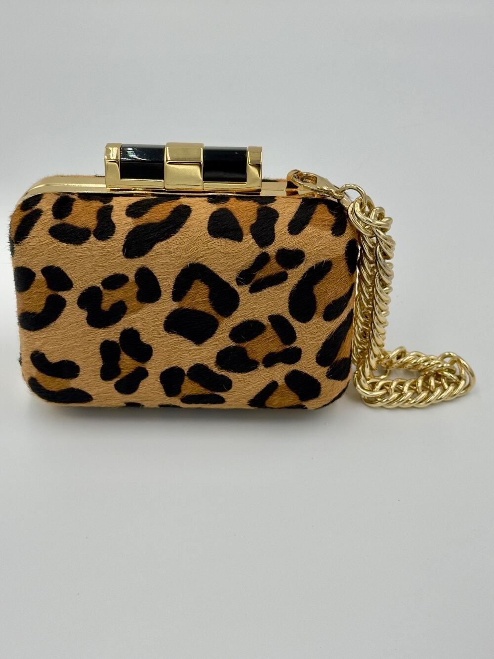 C Wonder Leopard Print Hard Box Clutch Evening Bag Gold Chain Minaudiere